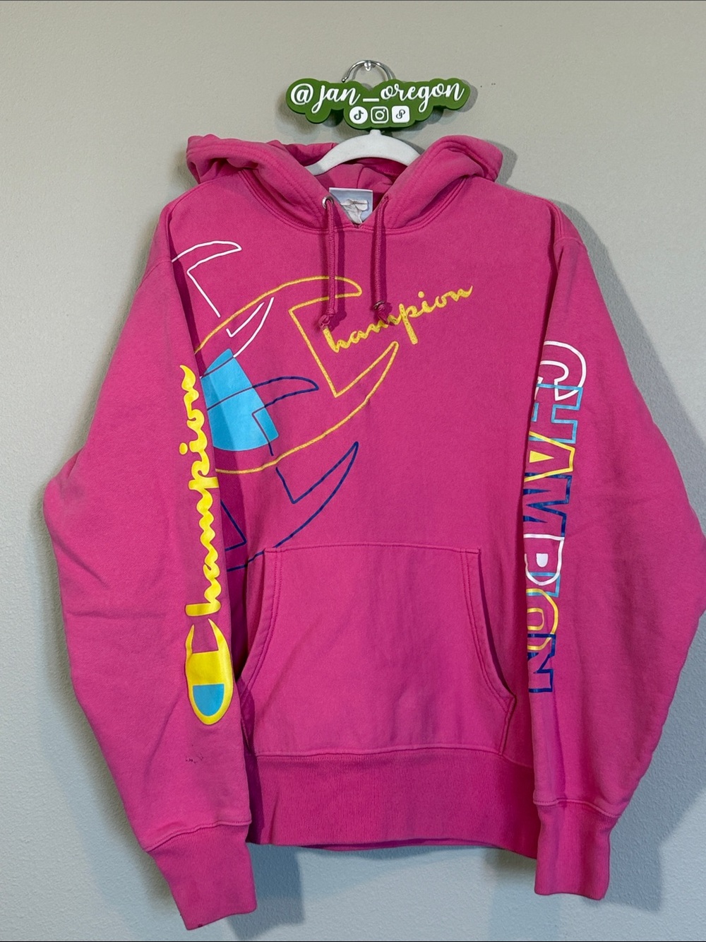 Champion Reverse Weave Vintage Pink Hoodie Yellow & Blue Logo Embroidered, XL